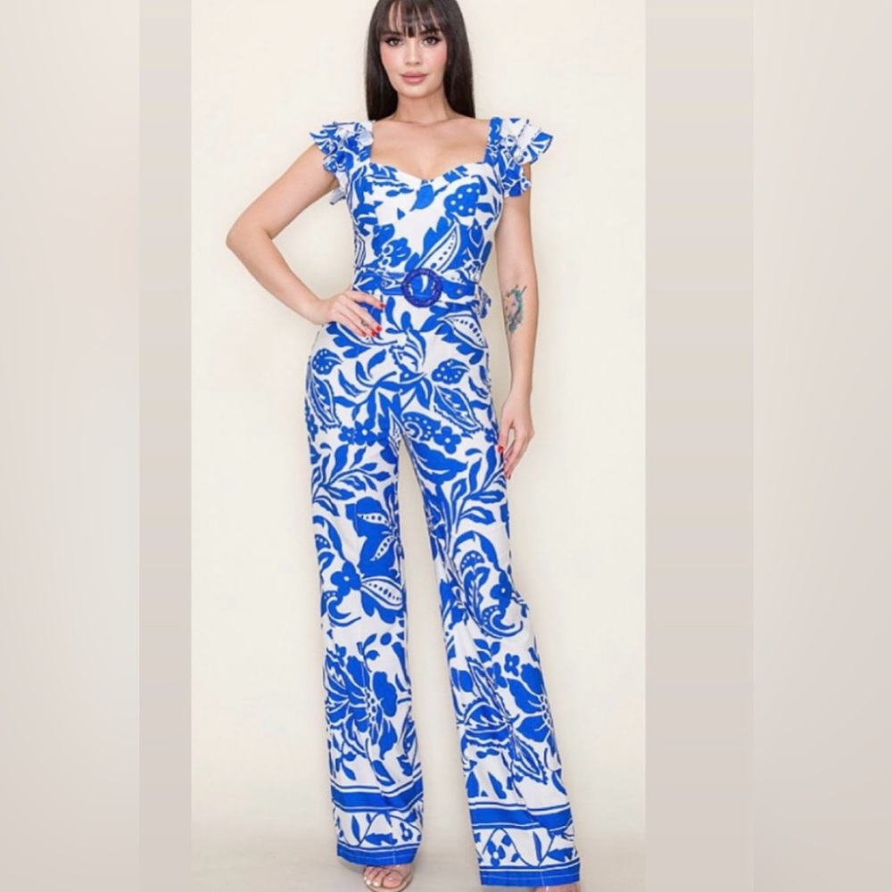 NWT Blue and White Floral Belted Jumpsuit